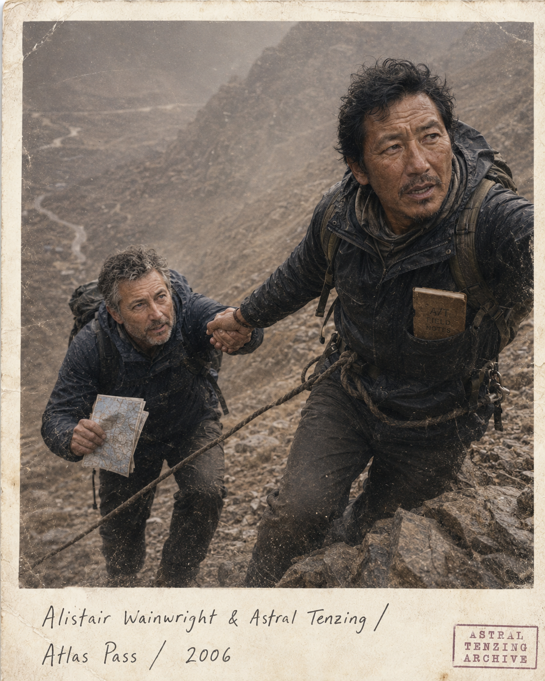 Tenzing hauling Wainwright up a steep scree slope by the hand, a fixed rope crossing the frame above a hazy valley.