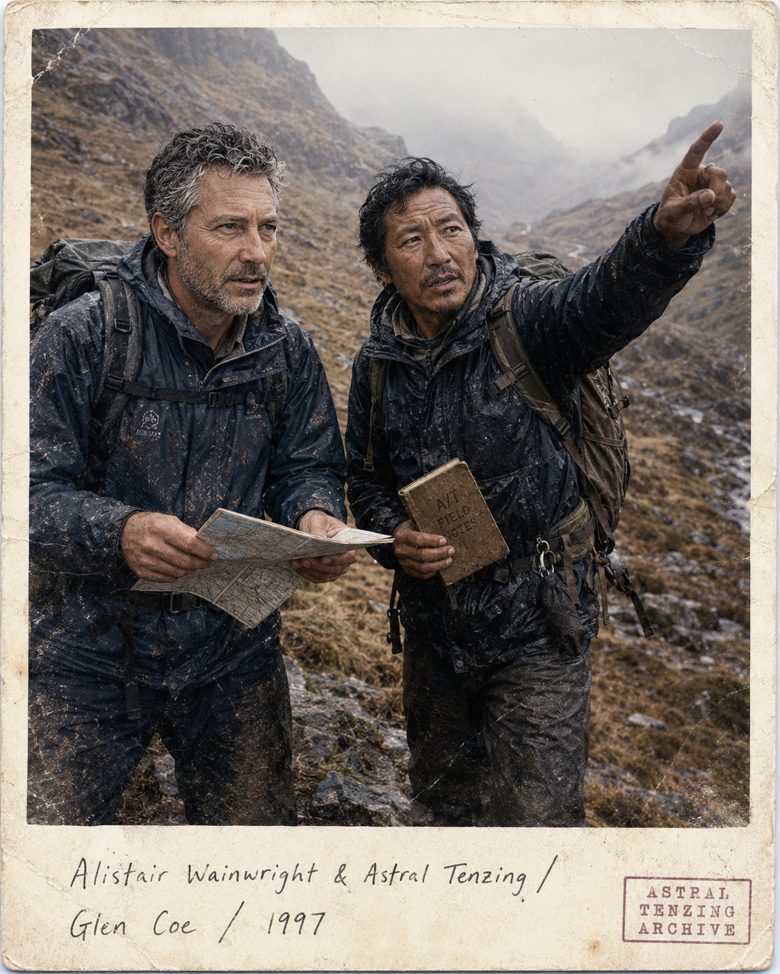 Alistair Wainwright and Astral Tenzing on a misty Scottish glen, Tenzing pointing toward the high pass while Wainwright reads a folded map.