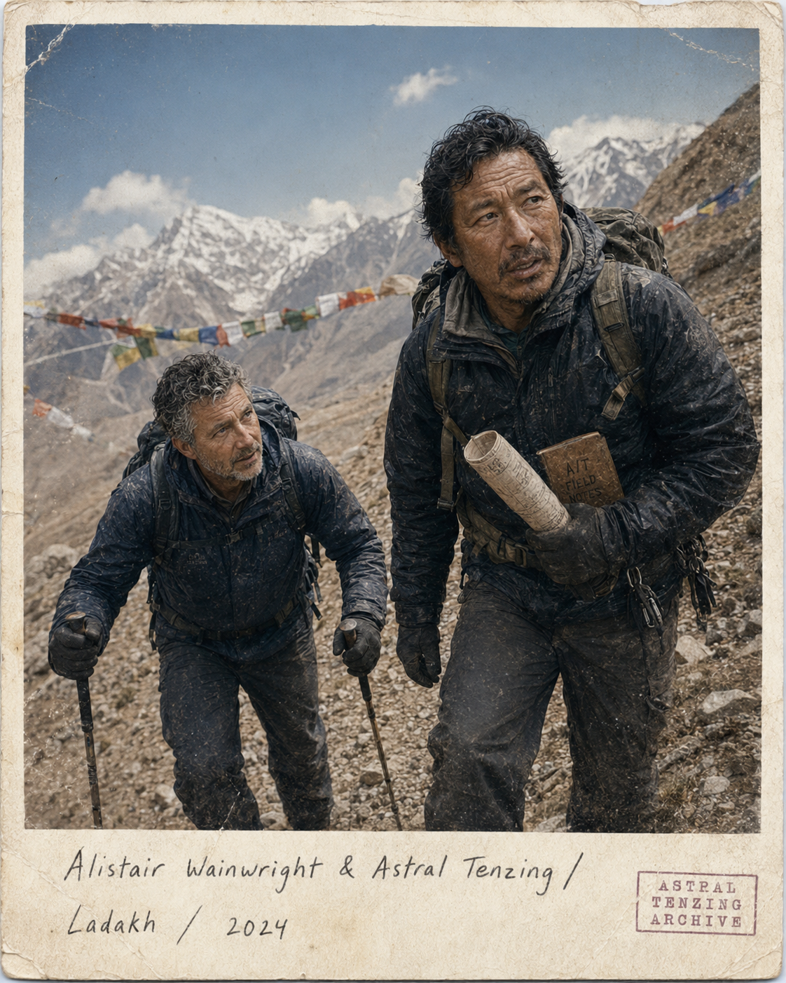 The pair ascending a rocky Himalayan slope beneath strings of Buddhist prayer flags, snow peaks and blue sky behind, Tenzing carrying a rolled chart and the field notes.