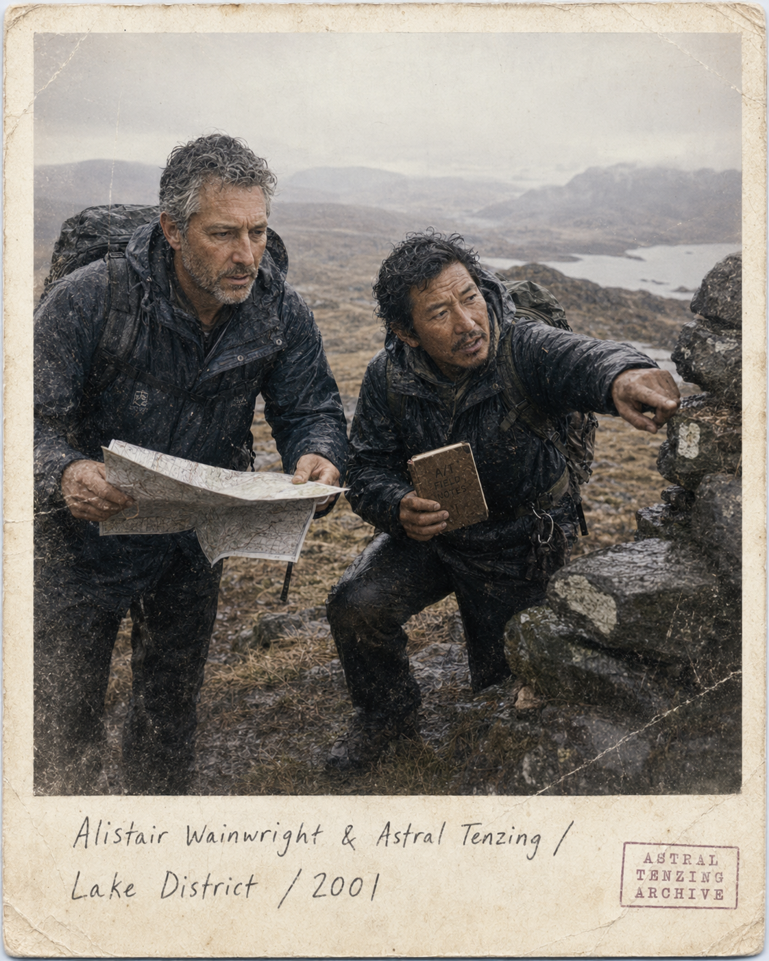 The pair crouched beside a drystone wall above a tarn in driving rain, Tenzing indicating something in the rock.