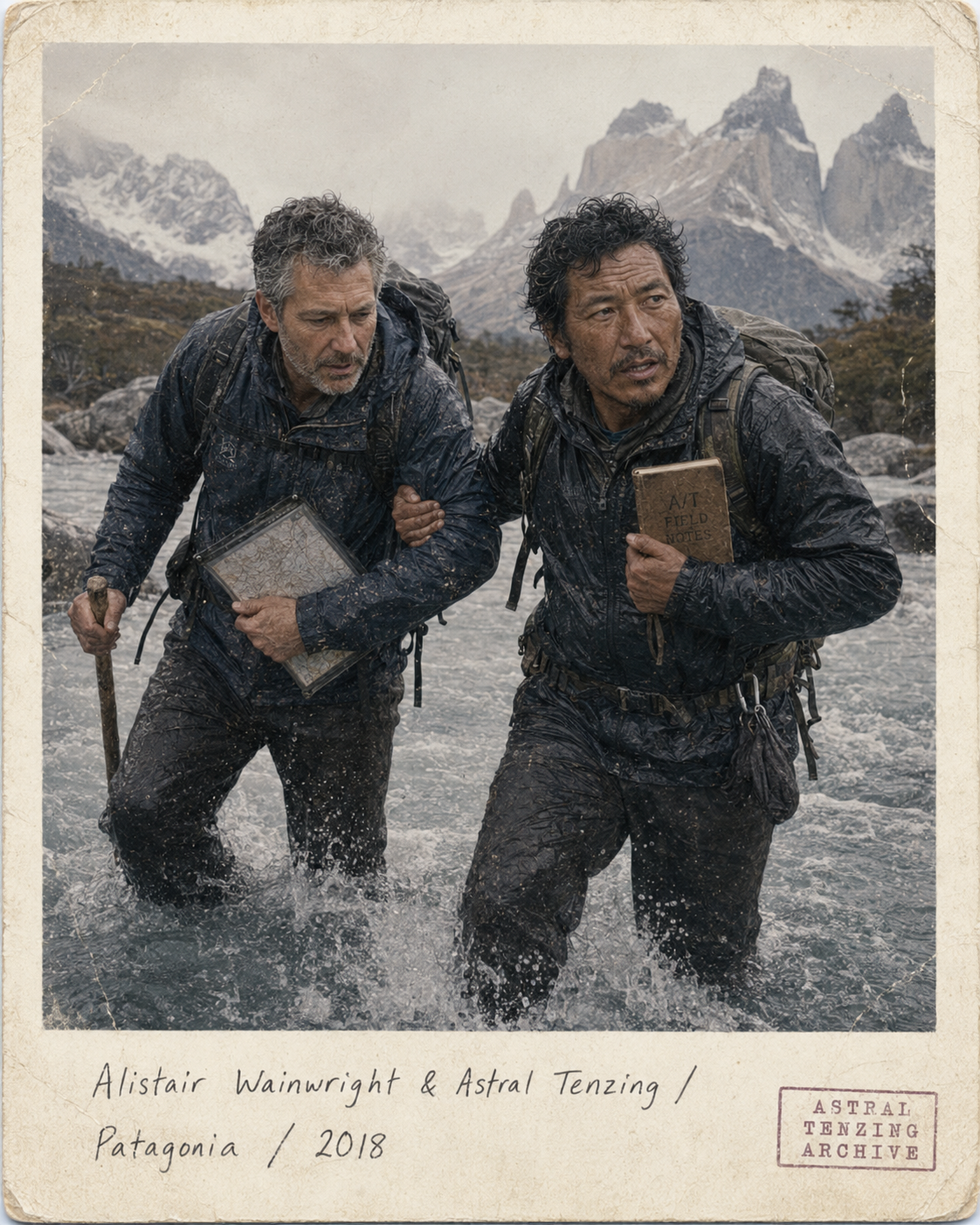 Wainwright and Tenzing wading a glacial river beneath the jagged Torres del Paine spires, arms linked against the current.
