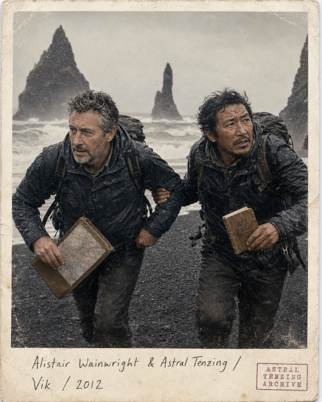 Both men hunched against a storm on a black-sand beach with sea stacks behind, Wainwright with a map case, Tenzing with the field book.