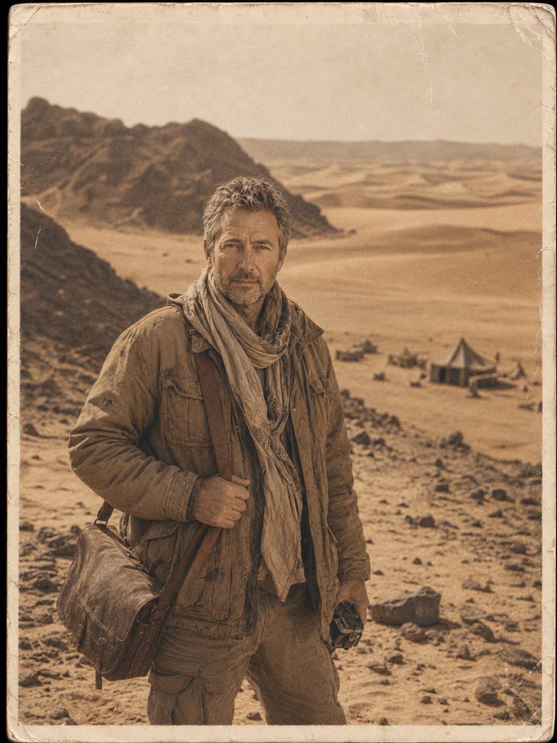 Alistair Wainwright in sepia tones on a rocky desert ridge, dunes and a Bedouin camp behind him, holding a compass.