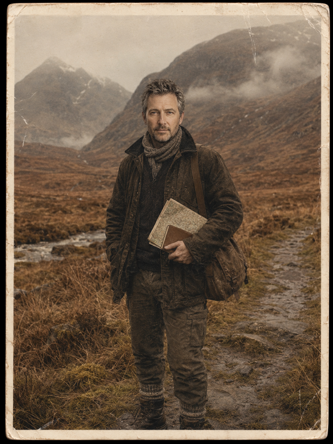 Alistair Wainwright standing on a misty Highland path holding a folded map and field book, a canvas satchel on his shoulder.