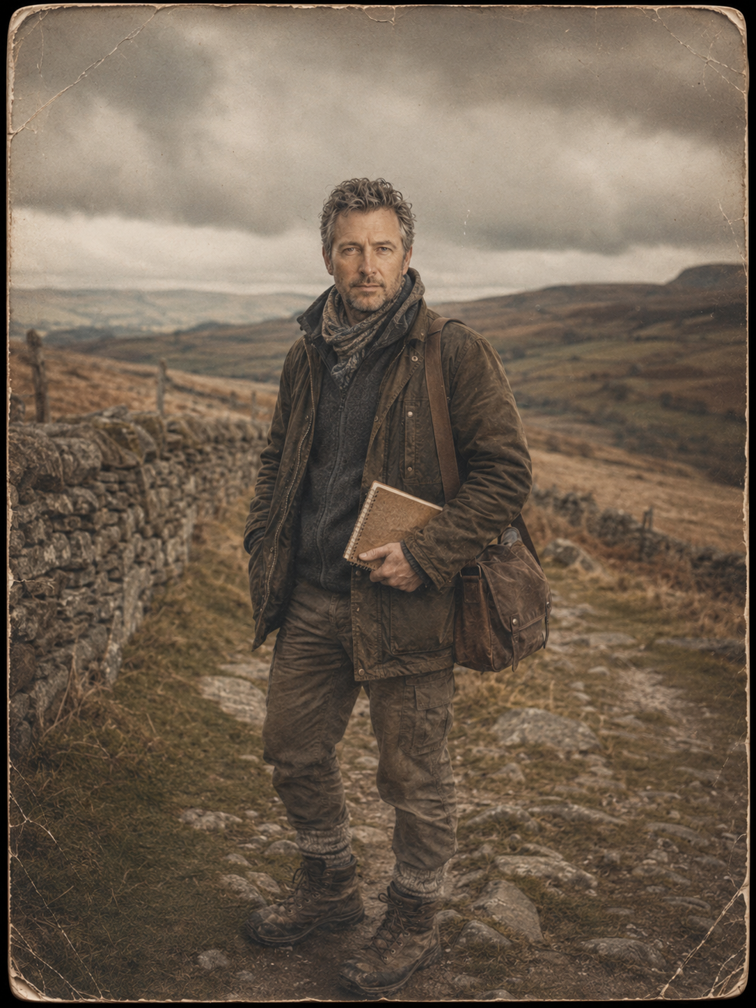Alistair Wainwright beside a drystone wall on open moorland under a storm sky, a spiral notebook in hand and a leather satchel at his side.