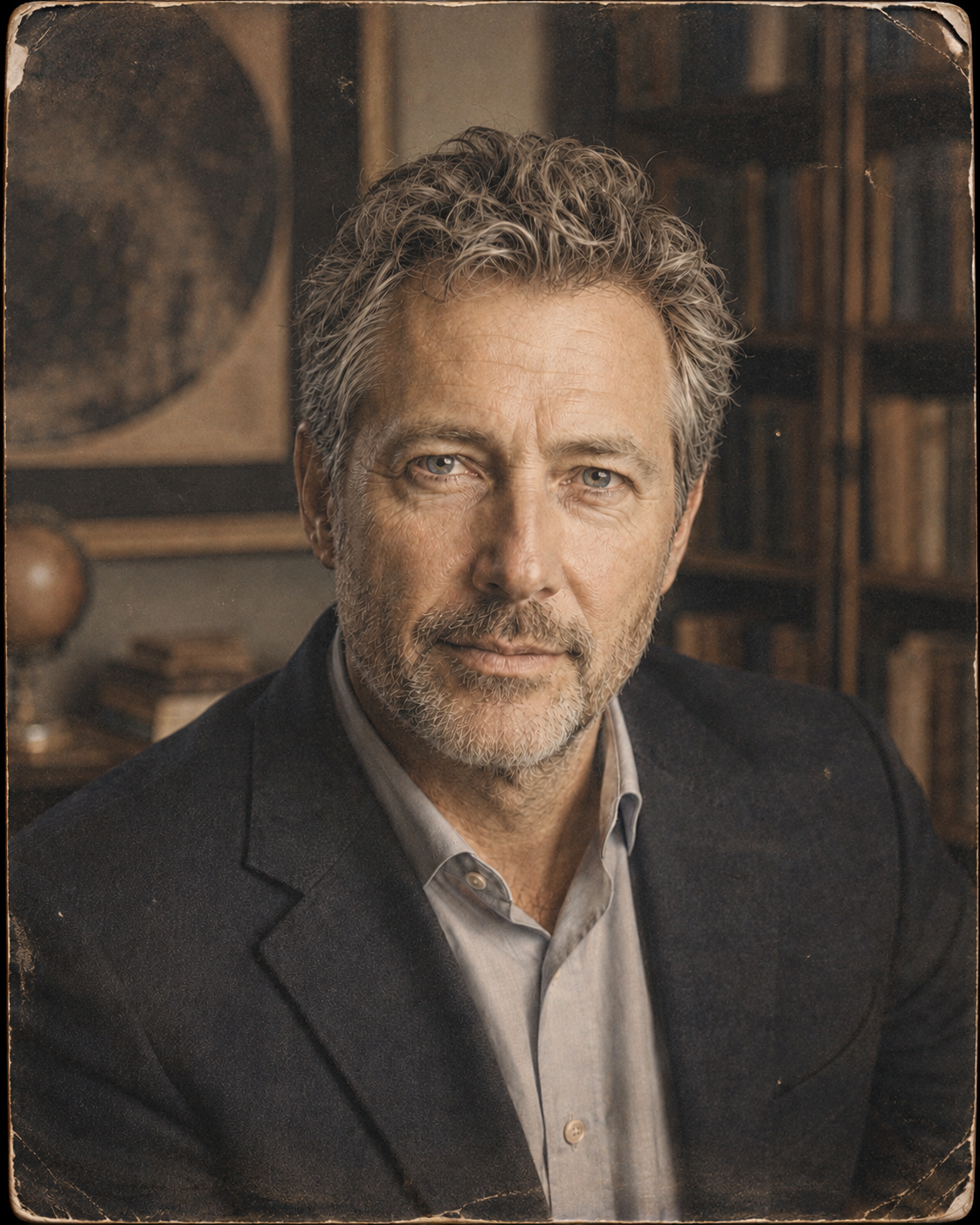 Portrait of the author writing as Alistair Wainwright, seated in a book-lined study beside a globe and a lunar diagram.